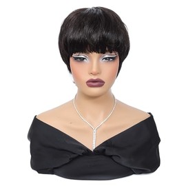 Angzon Pixie Cut Wig Human Hair Short Pixie Cut Wigs for Women Glueless Wig Human Hair Short Layered None Lace Front Wig with Bangs Black Straight Wig