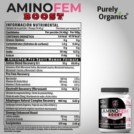 Amino Fem Boost. Extra energía. Con Inositol, Vitamina B9, Pulpa de Uva, Antioxidantes de Arándano y Cafeína. Bote con 30 servicios. Purely Organics. Sabor ponche de frutas, efervescente.