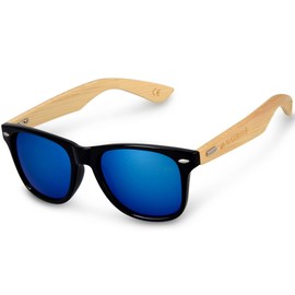 Navaris UV400 Wooden Sunglasses Unisex Men and Women Glasses with Bamboo Arms Wooden Glasses with Case Various Colours - Black - Blue
