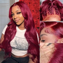 Burgundy Body Wave Lace Front Wig Human Hair with Baby Hair Pre Plucked Wine Red 13x4 Glueless Transparent HD Lace Frontal Human Hair Wigs 99J Lace Front Wig for Black Women 150% Density 18Inch