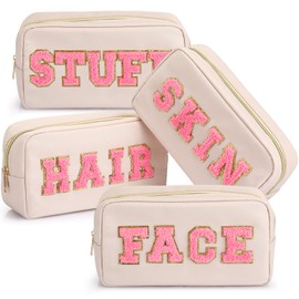 Remerry 4 Pcs Nylon Cosmetic Bag Travel Organizer Chenille Letter Makeup Pouch Zipper Preppy Waterproof Hair Bag Toiletry Pouch for Women Girls(Gentle White)