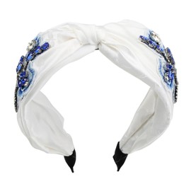 Florate Knotted Crystal Flower Headband for Women Embroidered Rhinestone Floral Luxury Pearl Bead Wide Vintage Hairband Hair Accessories (H1114-white)
