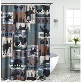 De Leon Collections Woodland Forest Patchwork Animal Moose Bear Nature Winter Themed Decorative 72" Shower Curtain