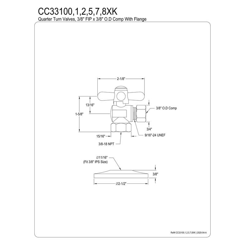 Kingston Brass CC33102XK 3/8" IPS X 3/8" OD Comp Quarter-Turn