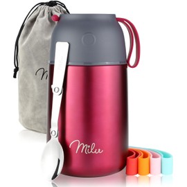 Milu® Thermo Food Flask - 300, 440, 450, 650, 800ml - Stainless Steel Insulated Container - Lunchbox - Jar with Spoon for hot and Cold Food (Berry, 650ml)