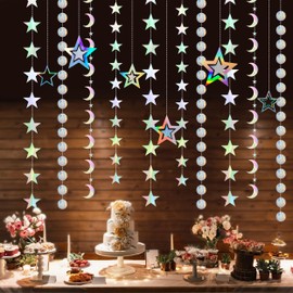 JIEYUMAO Iridescent Star Decoration, 5 Pack Iridescent Star Garland with Hanging Stars, Reflective Hanging Twinkle Little Star Streamer Bunting Banner Garland for Party Wedding