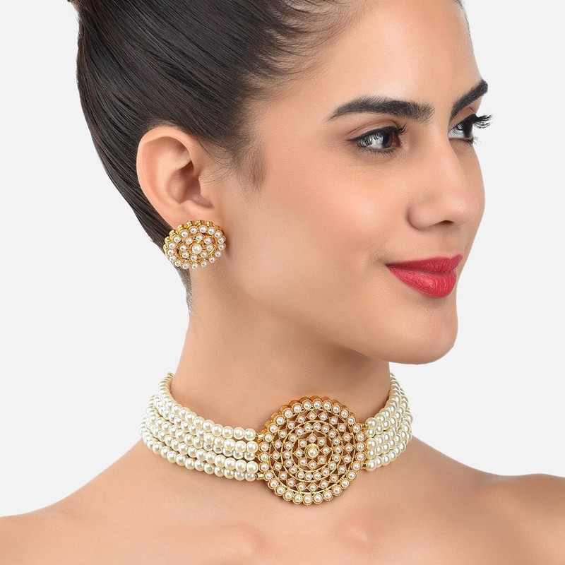 Aheli Pearl Diamond Gargantilla Collar con pendientes redondos Set Regalo