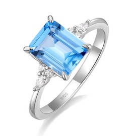 Gloffery 3CT 925 Sterling Silver Engagement Rings for Women Emerald Cut Created Blue Aquamarine Solitaire CZ Wedding Band Promise Ring for Her Size 5-10 (Size 6.5)