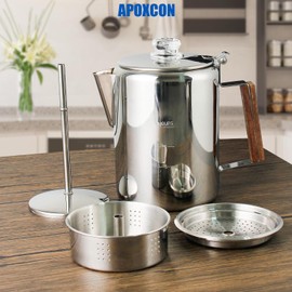 APOXCON Coffee Percolator Camping Coffee Pot Stainless Steel Coffee Maker with Two Heat Resistant Tough Glass Knob Using on any Stovetop Outdoor Traveling NO Aluminum NO Plastic (9 Cup)