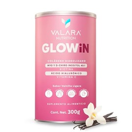 VALARA GLOWiN Colágeno Hidrolizado 300g - Myo y D Chiro Inositol 40:1 - Biotina Ácido Hialurónico y Vitamina C - Uñas Cabello Piel - Péptidos Bioactivos - Suplemento Alimenticio Femenino - Sabor Vainilla