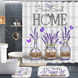 ALEXEX 4 PCS Purple Lavender Shower Curtain Sets,Home Sweet Bathroom Set with Shower Curtain and Rugs and Accessories,Farmhouse Country Shower Curtain Bathroom Decor with 12 Hooks,72 X 72 Inches