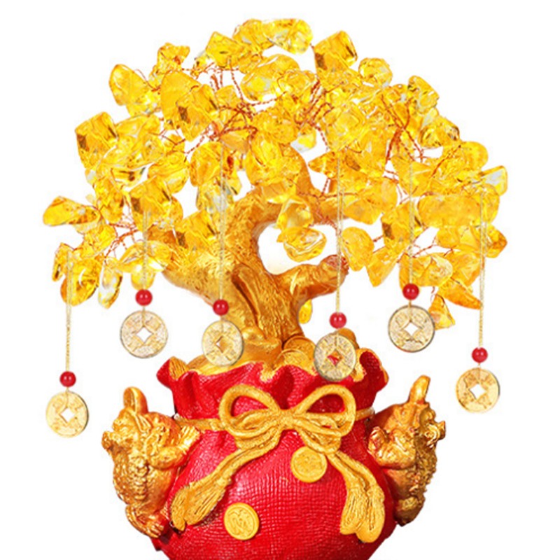 Yellow Quartz Crystal Money Tree Double Golden Toads Bonsai Style