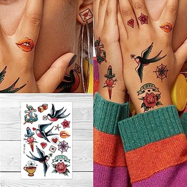 Supperb Temporary Tattoos - Small flower Temporary Tattoo Set Watercolor Vintage Swallow Rose Flower Tiny Hipster Finger Tattoo (Set of 2)