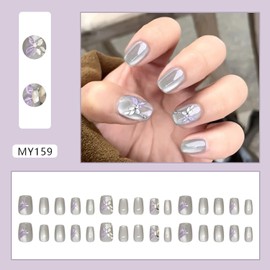 EYZOTSF Press on Nails Short Square Shaped Acrylic Extra Short Length Square False Nails with Designs Artificial Fake Nail with Charms Glue Stick ons Fingernails for Women Girls(MY159)