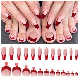 48 Pcs Press on Nails and Toenails Set French Tip Square Fake Nail Toenails White Pink Medium Coffin Glossy False Nails Feet with Adhesive Jelly glue Nail File for Women and Girls (Red French Tip)