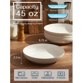 DOWAN 9.75" Pasta Bowls, 45 oz Large Salad Bowls Ceramic Serving Bowls for Dinner Wide and Shallow Bowls Set of 4, Dishwasher and Microwave Safe, House-warming Wedding Gift