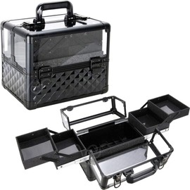 Justcase VP017 - Black Diamond Armored Acrylic 4-Tiers Accordion Trays Professional Cosmetic Makeup Nail Artistry Train Case