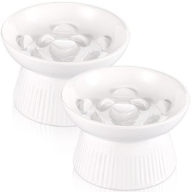 Layhit 2 Pack Raised Slow Feeder Cat Bowls Ceramic Elevated Cat Food Bowl Anti Vomiting Slow Feeder Bowl for Dog and Cat for Dry and Wet Food Kitten Home (White)