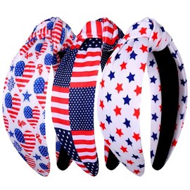 NVENF 3PCS 4th of July Headband for Women Red Blue USA Star Knotted Headband Crystal Patriotic Wide Top Knot Headband 4th of July Hair Accessories Outfits Gifts (3PCS Flag N)