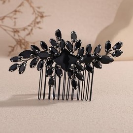 Teyglen Black Crystal Bride Wedding Hair Comb Vintage Square Rhinestone Hair Piece Full Rhinestone Wedding Hair Accessories for Women Bridal Side Comb(Silver-black)