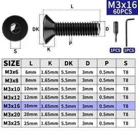 Pack of 60 Countersunk Screws M3 x 16 mm Screws Stainless Steel A2 V2A Countersunk Head Hexagon Socket Screws DIN 7991/ISO 10642 Flat Head Screws Full Thread Countersunk Screws Black for Furniture