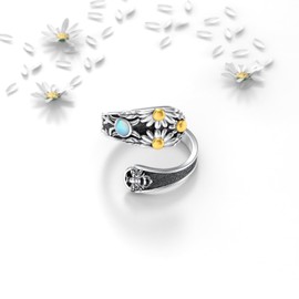 TOAKOT 925 Sterling Silver Daisy Spoon Ring Moonstone Vintage Adjustable Antique Boho Flower Wide Thumb Ring for Women