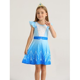 AmzBarley Girls Nightgowns Princess Pajamas Nightdress Toddler Kids Nightgown Sleepwear Flutter Short Sleeve Nightie Night Wear Snowflake Sleep Dress Blue 05 Size 8(7-8Years)