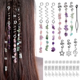 40Pcs Natural Colored Crystal Stone Hair Accessories, hoyuwak Metal Hair Charms, Silver Loc Dreadlock Spirals, Cuffs & Rings for Women's Hairstyles