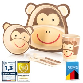 all Kids United® Children's Tableware Set Made of Plastic 5-Piece Tableware Set with Animal Motifs; Cup, Bowl, Plate, Spoon & Fork for Children (Monkey)