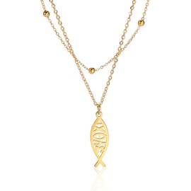 Amaxer Ichthys Necklace Cross Jesus Christ Angel Love Fish Christian Symbol Charm Pendant Necklace for Women Christian Jewelry stainless Steel Double Layer Beaded Necklace (Fish-G)