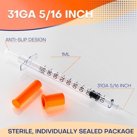 U-100 Syringe with 31G 5/16" (8MM), 1cc 31 Gauge Disposable Individual Sterile Packaged, 100 Pcs/Box