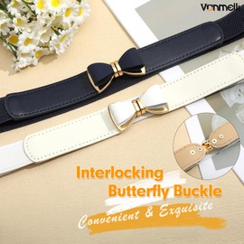 VONMELLI Elastic Skinny Belt for Women Dresses Fashion Stretch Thin Waist Belt Retro Ladies Belt with Bow Buckle Navy Blue Fit Waist Size 24" to 26"