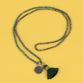 KELITCH Round Sakyamuni Buddha Pendant Necklaces Tassel Crystal Beaded Strand Necklace