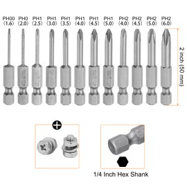 HARFINGTON 10pcs Phillips Screwdriver Bit Set PH00(1.6) PH0(2.0) PH1(2.5/3.0/3.5/4.0/4.5/5.0) PH2(4.0/4.5/5.0/6.0) S2 Steel 1/4" Hex Shank 2" Length Magnetic Cross Head Power Drill Bits