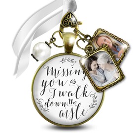 Memorial Wedding Bouquet Charm Missing You As I Walk Down Aisle Vintage Bronze White Glass Pendant Jewelry White Bead 2 Picture Frames Loving Keepsake for Bride DIY Photo Template