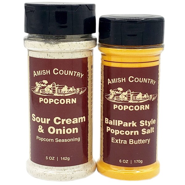 Amish Country Popcorn | Condimento para palomitas de maíz estilo Ballpark (6 onzas) y crema agria (5 onzas) | Antiguo, sin OMG y sin gluten