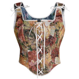 Womens Renaissance Corset Vintage Lace Up Bustier Tops Floral Overbust Corset With Zipper(Z3878PK,S)