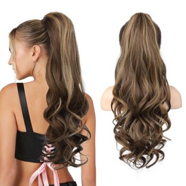 LONAI Claw Clip Ponytail Extension for Women 24 Inch Curly Wavy Ponytails Extensions Clip in Ponytail Hair Extensions Pony Tail Clip on Ponytails Hair Piece (Deep Brown with Dirty Blonde)