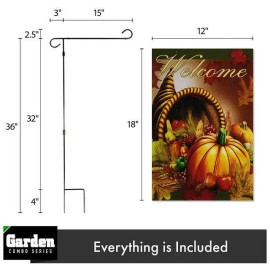UD_G128 Combo Pack: Garden Flag Stand Black 36x16 Inch & Garden Flag Welcome Cornucopia with Pumpkin 12x18 Inch