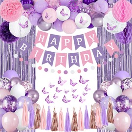 Purple and Pink Birthday Party Decorations for Women Girls with Happy Birthday Banner,Curtains, Butterfly Wall,Circle Dots Garland,Tissue Pompoms,Paper Tassels Garland Birthday for Her