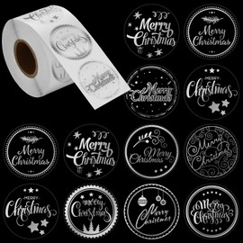 Outus 500 Pieces Merry Christmas Stickers Labels Christmas Circle Label Envelope Seal Sticker 1.38in Adhesive Xmas Decor Supplies with Christmas Elements for Envelope (Transparent and Silver)