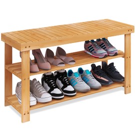 SMIBUY Bamboo Shoe Rack Bench, 3-Tier Shoe Organizer Storage Shelf for Entryway Hallway Bathroom Living Room (Natural)