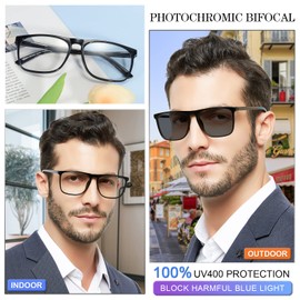 MARE AZZURO Photochromic Bifocal Reading Glasses +2.0 Men Blue Light Blocking Oversized Square Readers Sunglasses 1.00 1.50 2.00 2.50 3.00 3.50 4.00 (Black, 2.0)
