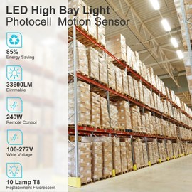 Lightdot 2 Pack LED High Bay Shop Lights, 4FT (Dimmable Remote) 240W 33600LM [Eqv.1000W MH/HPS] 5000K Daylight Linear Hanging Light for Garage Warehouse Gyms, 10 Lamp Fluorescent Fixture Replacement