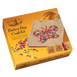 House Of Crafts Button Bag Craft, Single Craft Kit Set, Multicoloured, Includes 27x30x17cm Jute Bag, Buttons, Embroidery Thread, Tapestry Needle, Design Sheet, Instructions