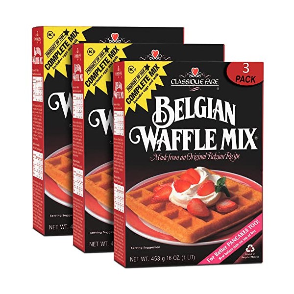 Classique Fare Belgian Waffle Mix - Makes Light and Crisp Waffles, Pancakes, Muffins & Crepes - Works with Waffle Maker - Fast and Fresh Breakfast Foods - 16 Oz Boxes (Pack of 3)