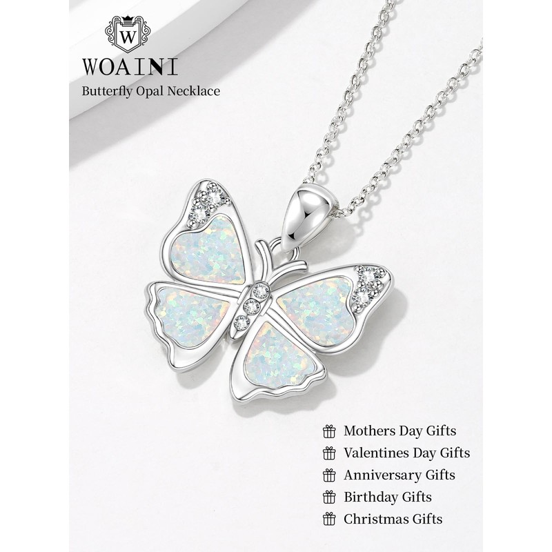 WOAINI Silver Butterfly Pendant Necklace for Women Opal Jewelry Gifts