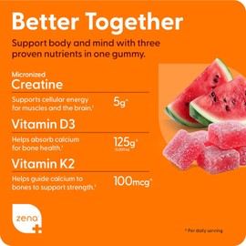 Zena Nutrition Creatine Gummies with D3 & K2, Creatine Monohydrate for Men and Women, Supports Bone, Muscle, & Cognitive Health, Gummy Workout Supplement, Watermelon Flavor, 150ct, 30 Daily Servings