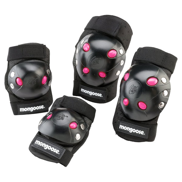 Mongoose Youth BMX Bike Gel Knee and Elbow Pad Set, Multi-Sport Protective Gear, Black/Pink