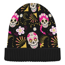 Naanle Paisley Flower Sugar Skull Womens Beanie Hat Stretch Slouchy Warm Knit Winter Hats Skully Black Beanie Women Ski Beanies